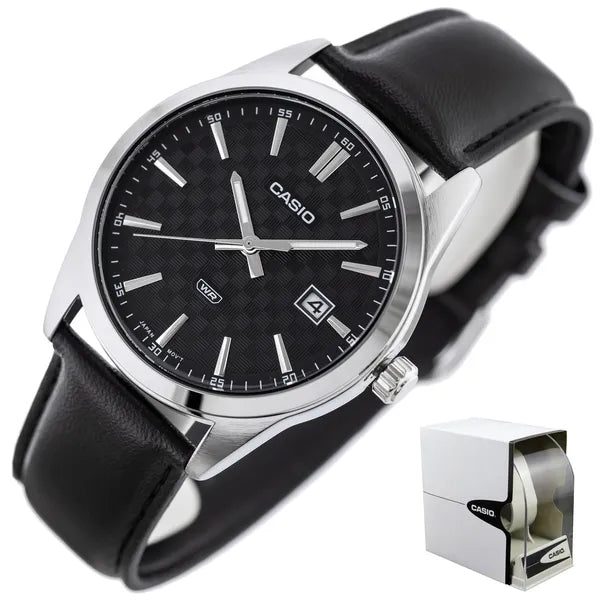 Casio MTP-VD03L-1A férfi karóra, fekete számlap, bőr szíj, WR50, 42 mm