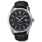 Casio MTP-VD03L-1A férfi karóra, fekete számlap, bőr szíj, WR50, 42 mm