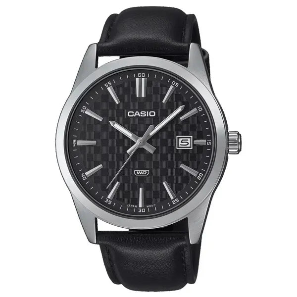 Casio MTP-VD03L-1A férfi karóra, fekete számlap, bőr szíj, WR50, 42 mm