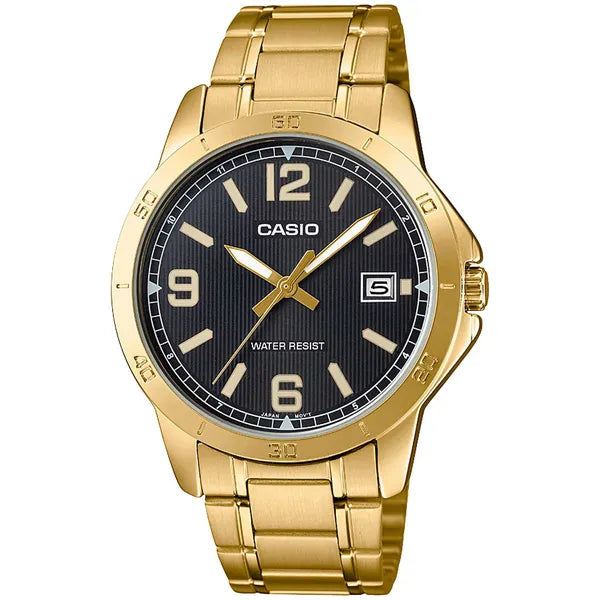 Casio MTP-V004G-1B férfi karóra, arany acél, fekete számlap, kvarc, dátum, WR30