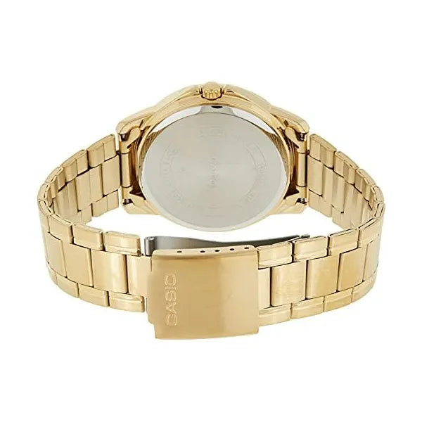 Casio MTP-V004G-1B férfi karóra, arany acél, fekete számlap, kvarc, dátum, WR30