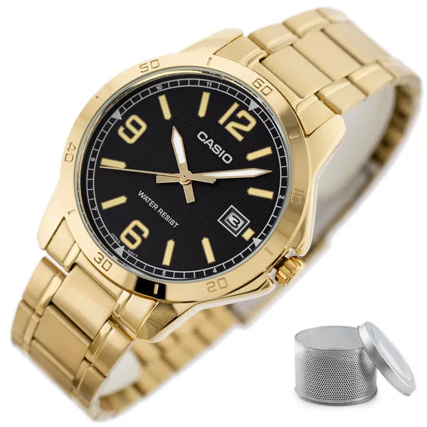 Casio MTP-V004G-1B férfi karóra, arany acél, fekete számlap, kvarc, dátum, WR30