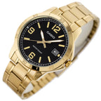 Casio MTP-V004G-1B férfi karóra, arany acél, fekete számlap, kvarc, dátum, WR30