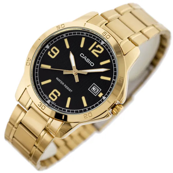 Casio MTP-V004G-1B férfi karóra, arany acél, fekete számlap, kvarc, dátum, WR30