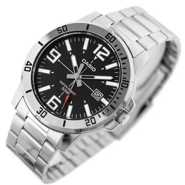 Casio férfi karóra MTP-VD01D-1BV, fekete számlap, acél szíj, WR50, 45 mm