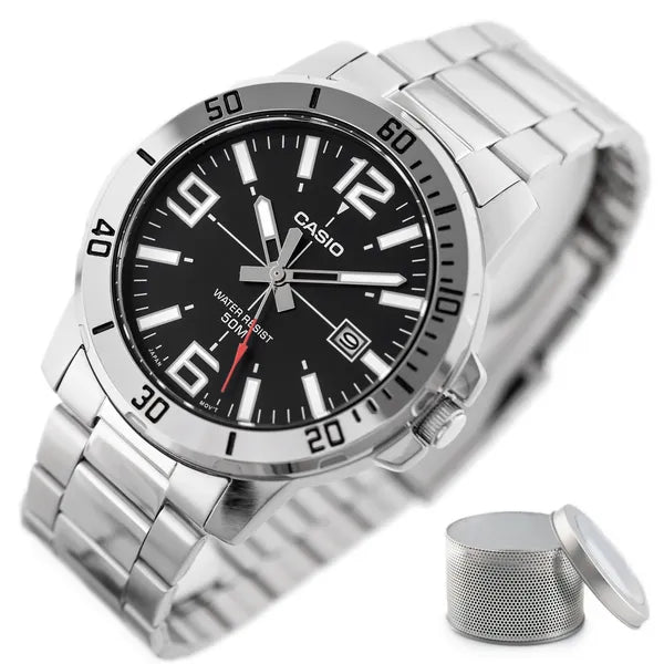 Casio férfi karóra MTP-VD01D-1BV, fekete számlap, acél szíj, WR50, 45 mm