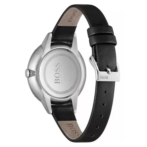 Hugo Boss Symphony 1502609 női karóra, fekete bőr szíj, 38 mm, ezüst tok