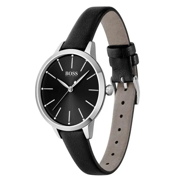 Hugo Boss Symphony 1502609 női karóra, fekete bőr szíj, 38 mm, ezüst tok