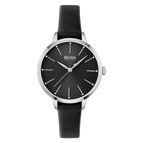 Hugo Boss Symphony 1502609 női karóra, fekete bőr szíj, 38 mm, ezüst tok