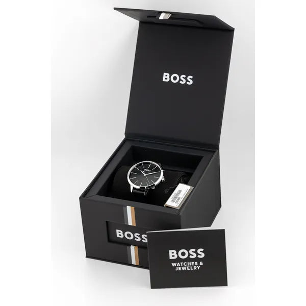 Hugo Boss Symphony 1502609 női karóra, fekete bőr szíj, 38 mm, ezüst tok