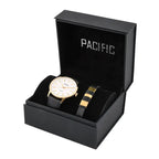 PACIFIC X0087 ajándék szett férfi karóra + karkötő, bőr szíj, WR50, arany