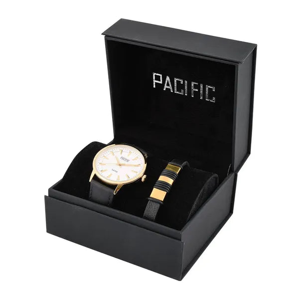 PACIFIC X0087 ajándék szett férfi karóra + karkötő, bőr szíj, WR50, arany