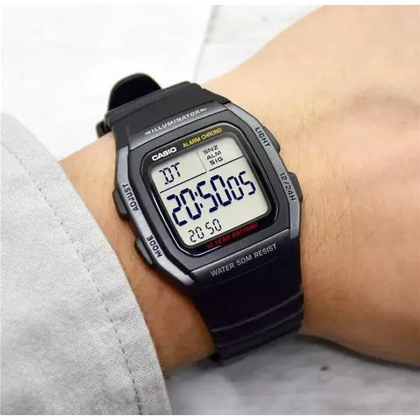 Casio W-96H-1B férfi digitális karóra, WR50, LED, stopper, dupla idő, dobozzal
