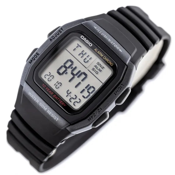 Casio W-96H-1B férfi digitális karóra, WR50, LED, stopper, dupla idő, dobozzal