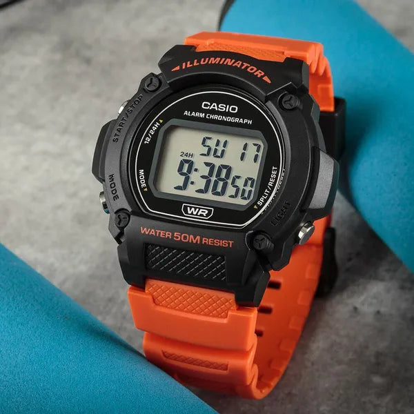 Casio W-219H-4A férfi digitális karóra 42 mm, narancs szíj, WR50