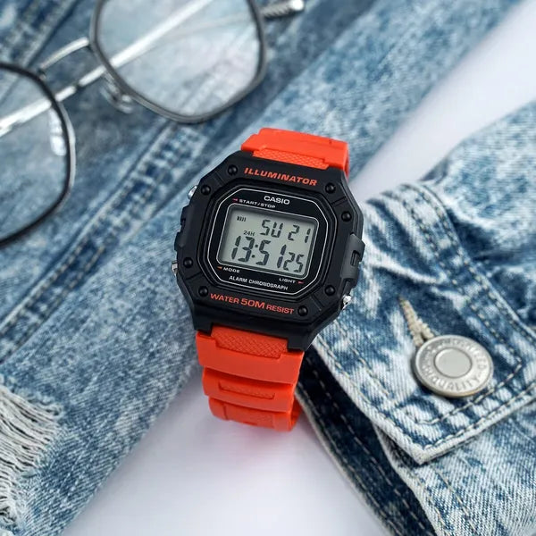 Casio W-218H-4B férfi digitális karóra, piros műanyag szíj, WR50, fekete tok