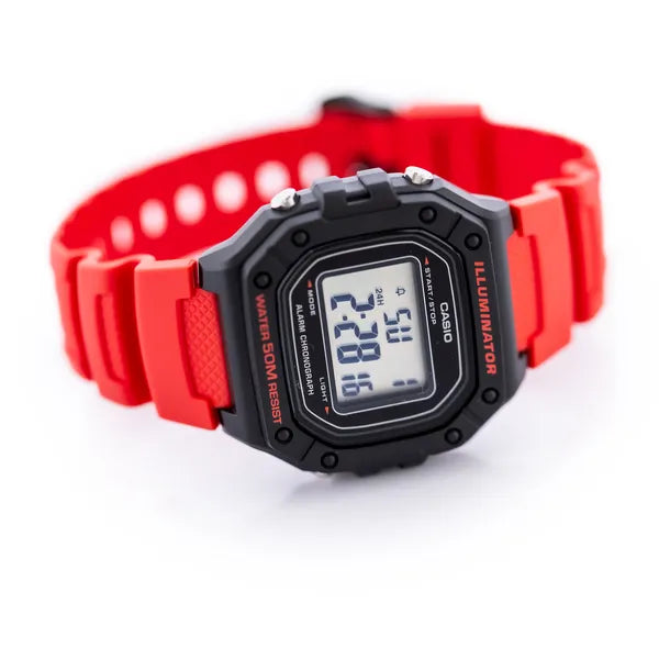 Casio W-218H-4B férfi digitális karóra, piros műanyag szíj, WR50, fekete tok