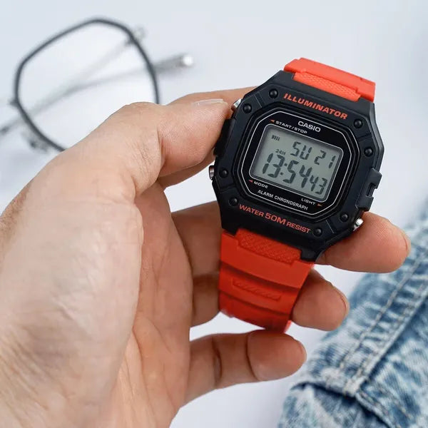 Casio W-218H-4B férfi digitális karóra, piros műanyag szíj, WR50, fekete tok