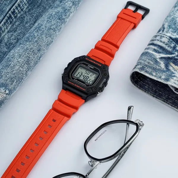 Casio W-218H-4B férfi digitális karóra, piros műanyag szíj, WR50, fekete tok