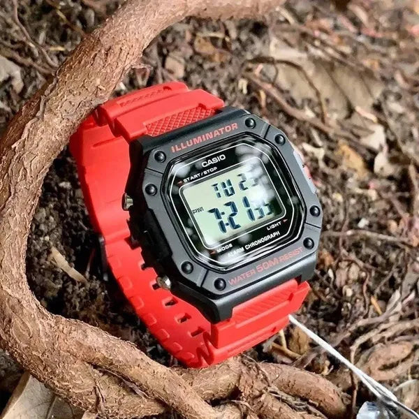 Casio W-218H-4B férfi digitális karóra, piros műanyag szíj, WR50, fekete tok