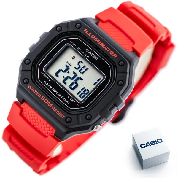 Casio W-218H-4B férfi digitális karóra, piros műanyag szíj, WR50, fekete tok