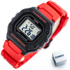 Casio W-218H-4B férfi digitális karóra, piros műanyag szíj, WR50, fekete tok