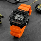 Casio W-218H-4B2 férfi digitális óra, narancssárga szíj, WR50, LED, díszdoboz