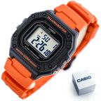 Casio W-218H-4B2 férfi digitális óra, narancssárga szíj, WR50, LED, díszdoboz