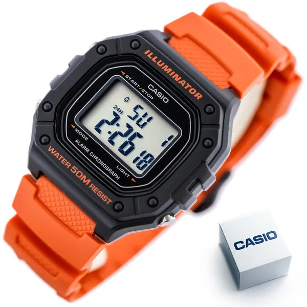 Casio W-218H-4B2 férfi digitális óra, narancssárga szíj, WR50, LED, díszdoboz