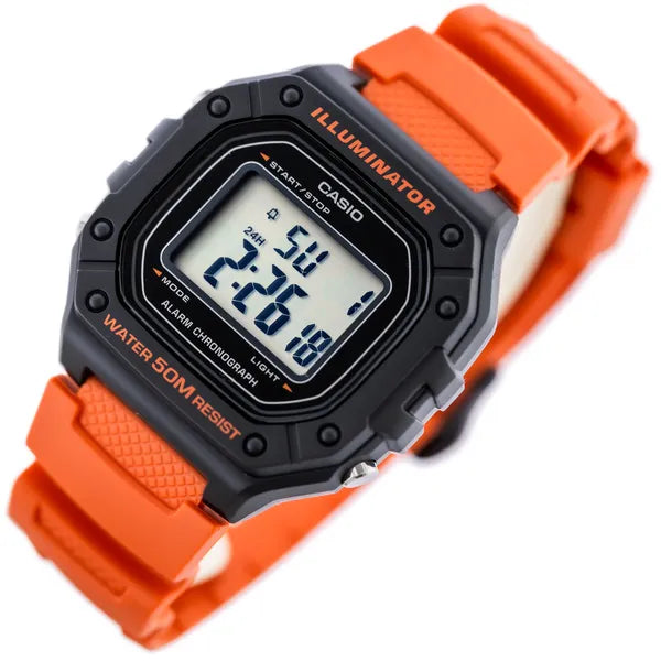 Casio W-218H-4B2 férfi digitális óra, narancssárga szíj, WR50, LED, díszdoboz