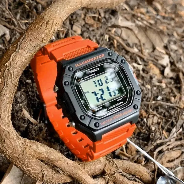 Casio W-218H-4B2 férfi digitális óra, narancssárga szíj, WR50, LED, díszdoboz