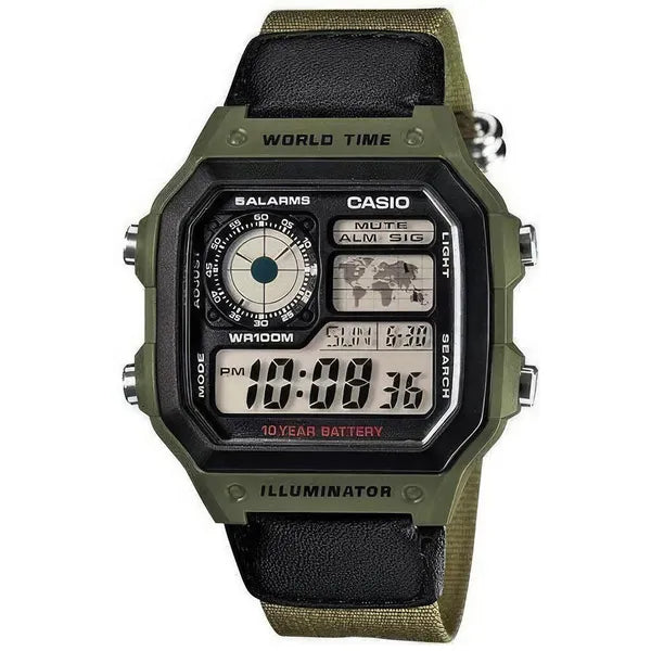 Casio AE-1200WHB-3B férfi karóra, zöld textilszíj, WR100, kvarc, 42 mm