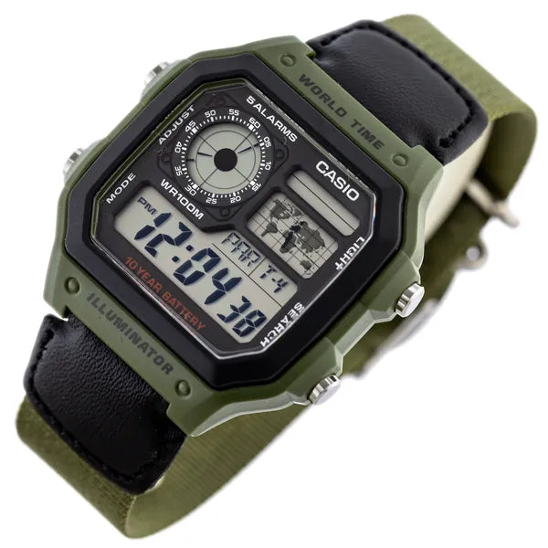 Casio AE-1200WHB-3B férfi karóra, zöld textilszíj, WR100, kvarc, 42 mm