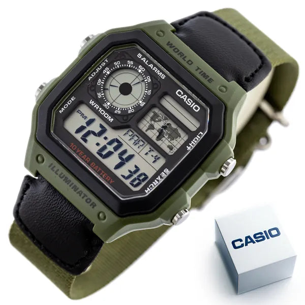 Casio AE-1200WHB-3B férfi karóra, zöld textilszíj, WR100, kvarc, 42 mm