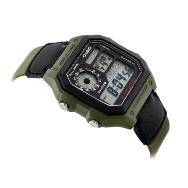 Casio AE-1200WHB-3B férfi karóra, zöld textilszíj, WR100, kvarc, 42 mm