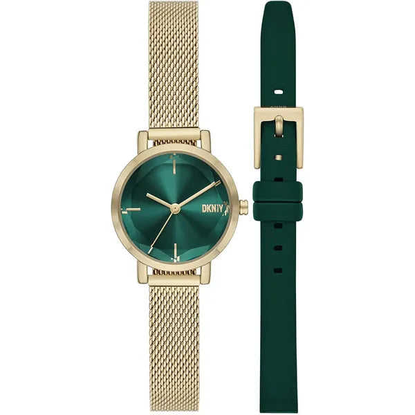 DKNY SOHO NY6631 női karóra ajándékszett, arany acél, zöld számlap, 24 mm
