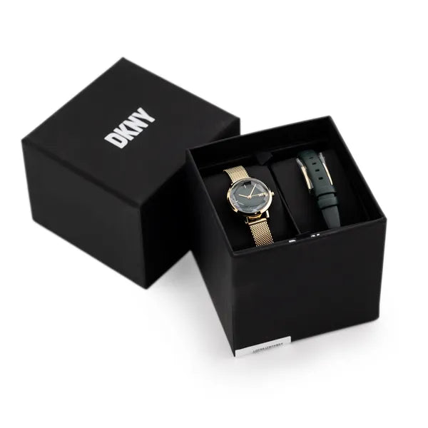 DKNY SOHO NY6631 női karóra ajándékszett, arany acél, zöld számlap, 24 mm