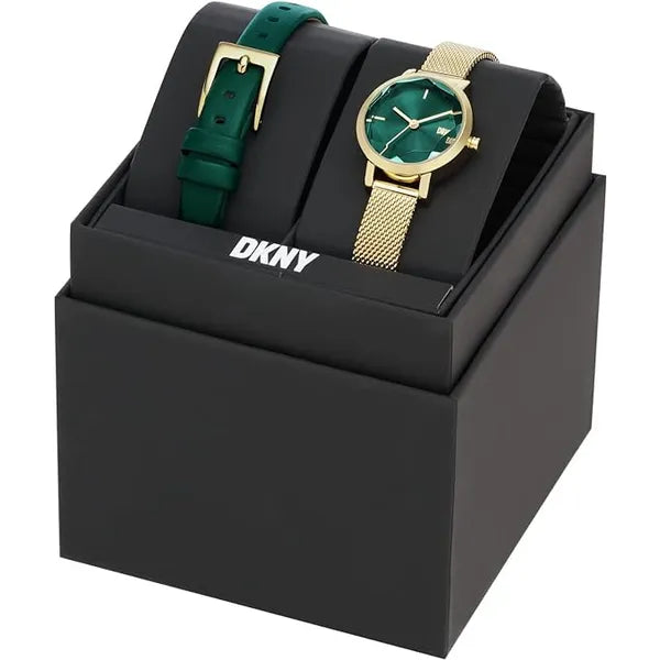 DKNY SOHO NY6631 női karóra ajándékszett, arany acél, zöld számlap, 24 mm