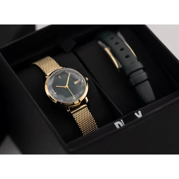 DKNY SOHO NY6631 női karóra ajándékszett, arany acél, zöld számlap, 24 mm