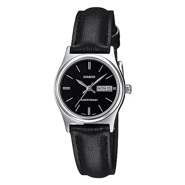Casio LTP-V006L-1B2 női karóra, fekete bőr szíj, dátum, WR30, 25 mm