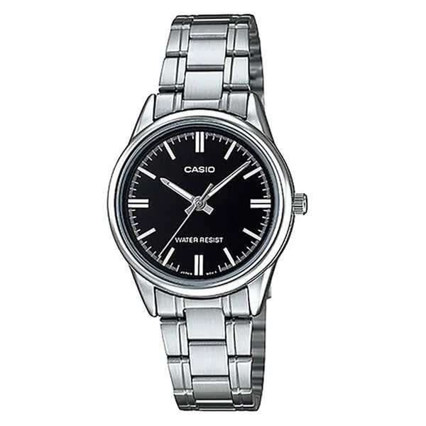 Casio LTP-V005D-1A női karóra, fekete számlap, acél szíj, 28 mm, WR30