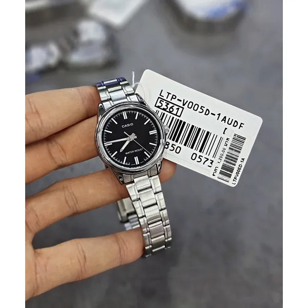 Casio LTP-V005D-1A női karóra, fekete számlap, acél szíj, 28 mm, WR30