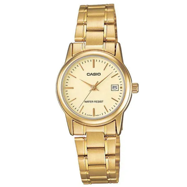 Casio LTP-V002G-9A női karóra, arany, acél szíj, dátum, WR30