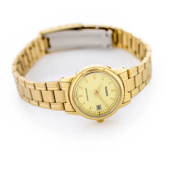 Casio LTP-V002G-9A női karóra, arany, acél szíj, dátum, WR30