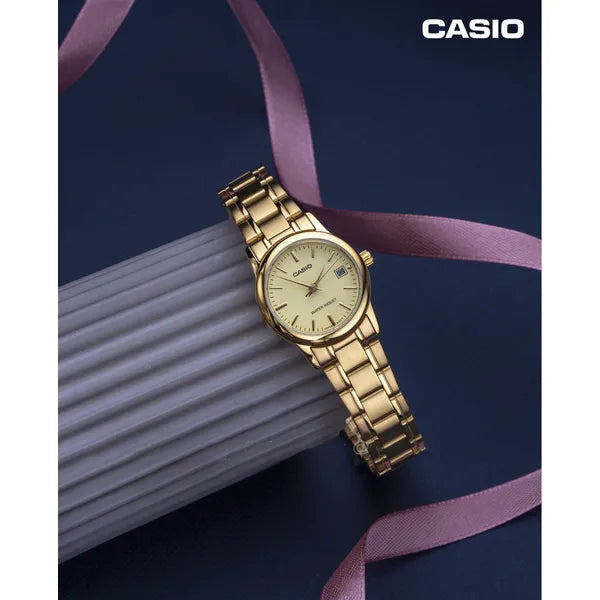 Casio LTP-V002G-9A női karóra, arany, acél szíj, dátum, WR30