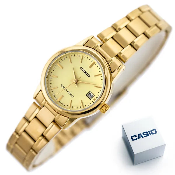 Casio LTP-V002G-9A női karóra, arany, acél szíj, dátum, WR30