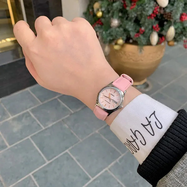 Casio LTP-V006L-4B női karóra, rózsaszín bőrszíj, 25 mm, dátum, WR30, ezüst tok