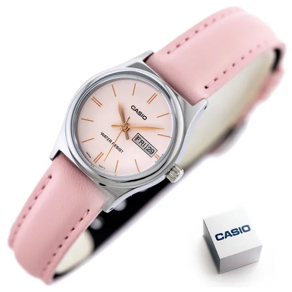 Casio LTP-V006L-4B női karóra, rózsaszín bőrszíj, 25 mm, dátum, WR30, ezüst tok