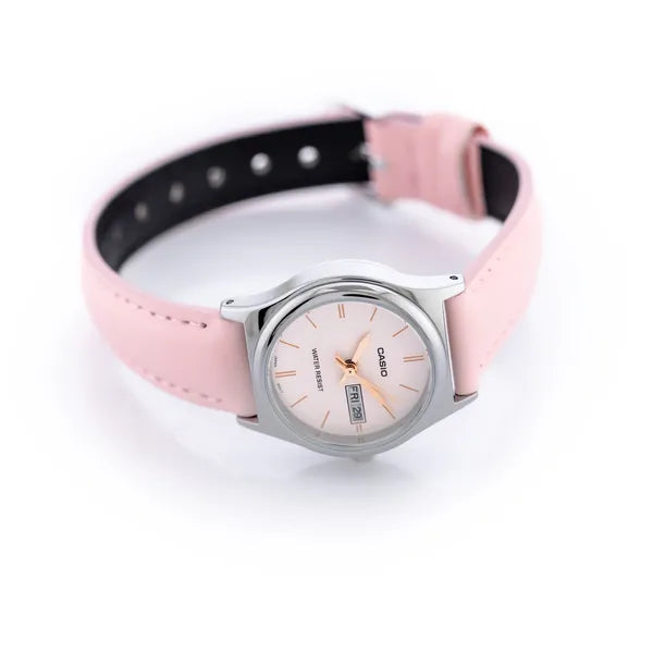Casio LTP-V006L-4B női karóra, rózsaszín bőrszíj, 25 mm, dátum, WR30, ezüst tok