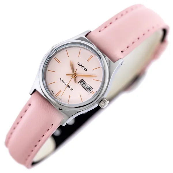 Casio LTP-V006L-4B női karóra, rózsaszín bőrszíj, 25 mm, dátum, WR30, ezüst tok